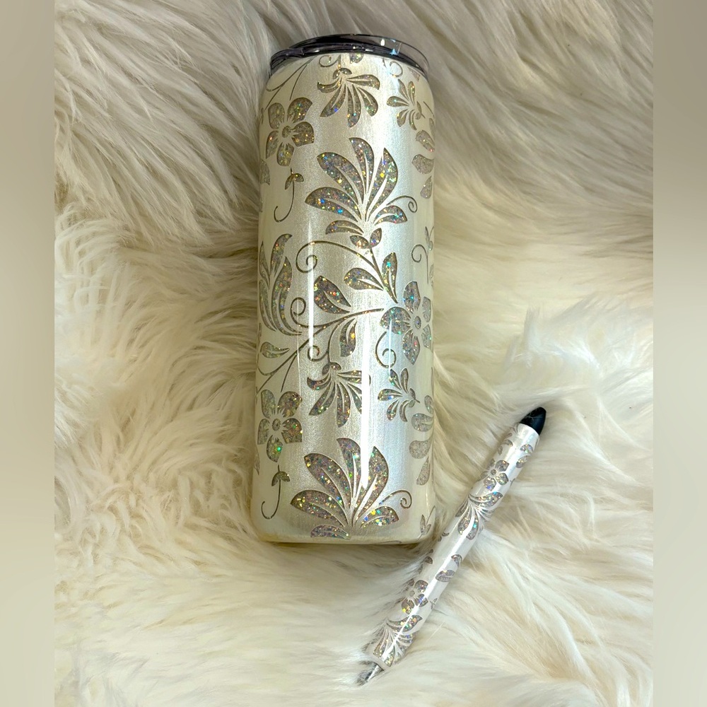 20oz Ivory Glittered Stainless Steel Insulated Hot/Cold Tumbler and Pen Set